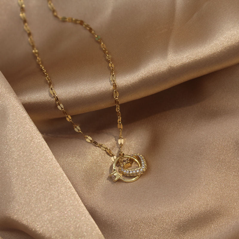 Love Heart Double Ring Necklace – Zircon Pendant, Stainless Steel, Simple Elegant Jewelry