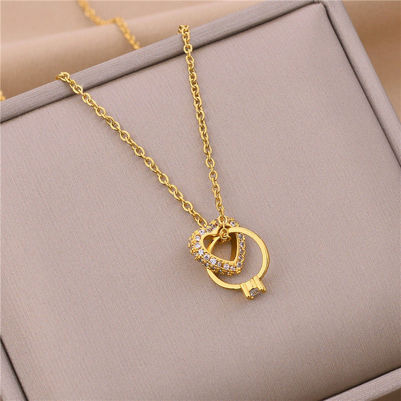 Love Heart Double Ring Necklace – Zircon Pendant, Stainless Steel, Simple Elegant Jewelry