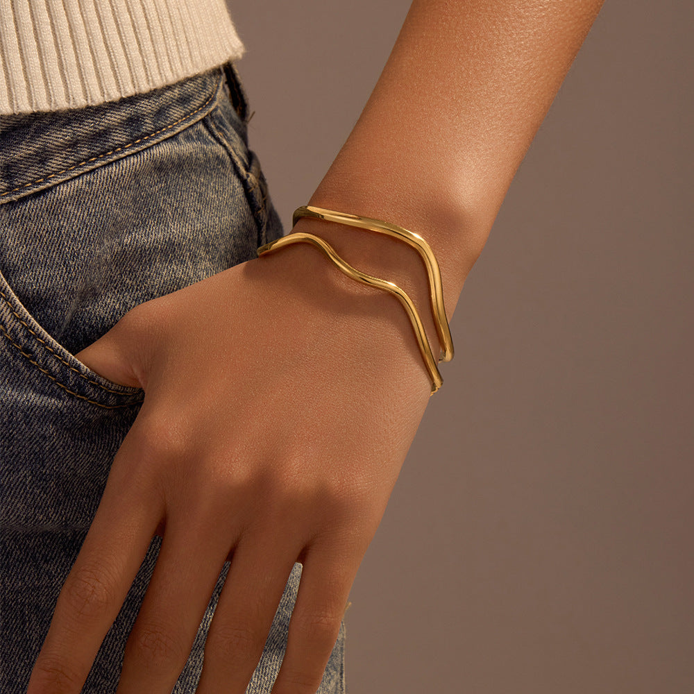 Minimalist Open-end Gold Ripple Line Bracelet