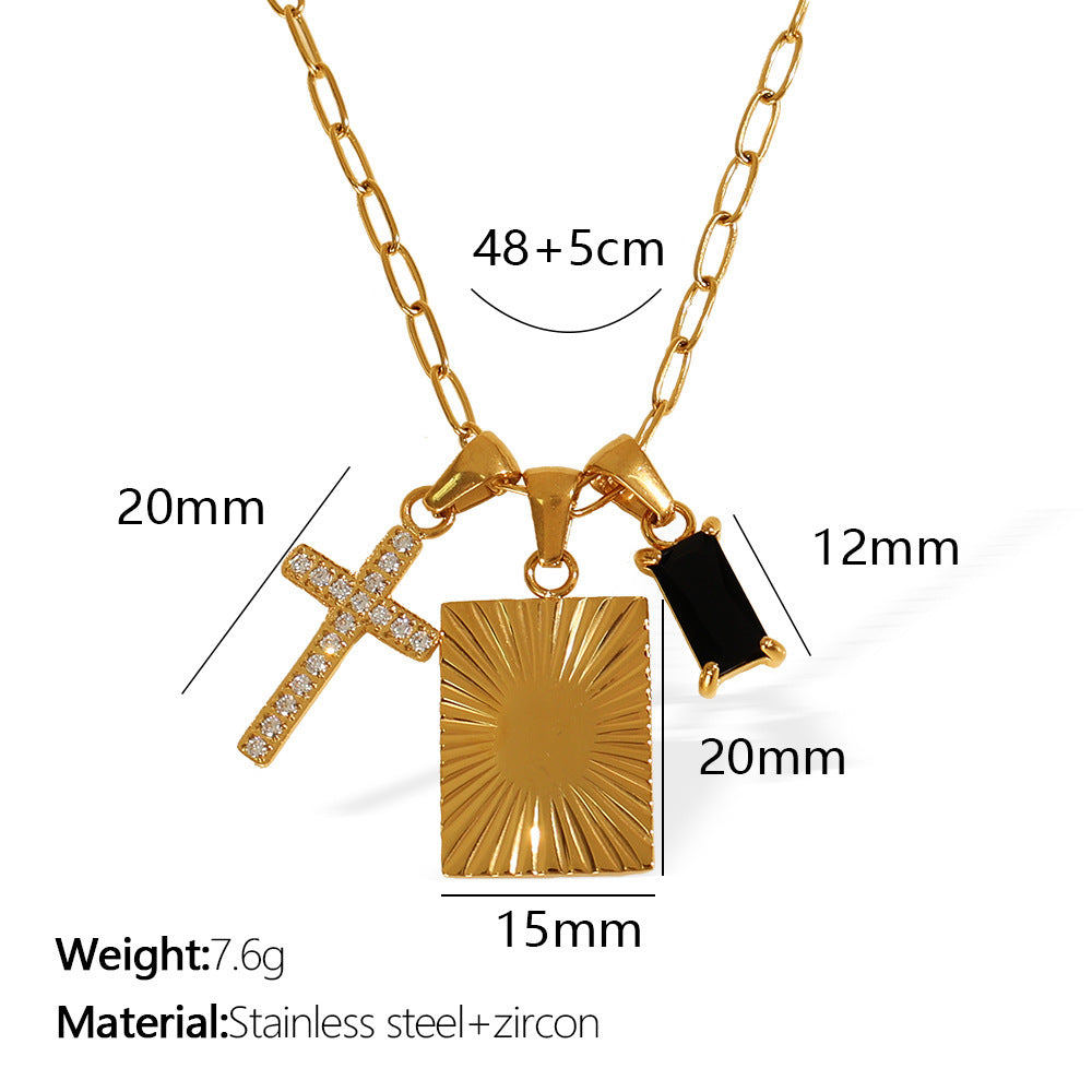 Black Zircon Square Plate Cross Combination Pendant Titanium Steel Necklace