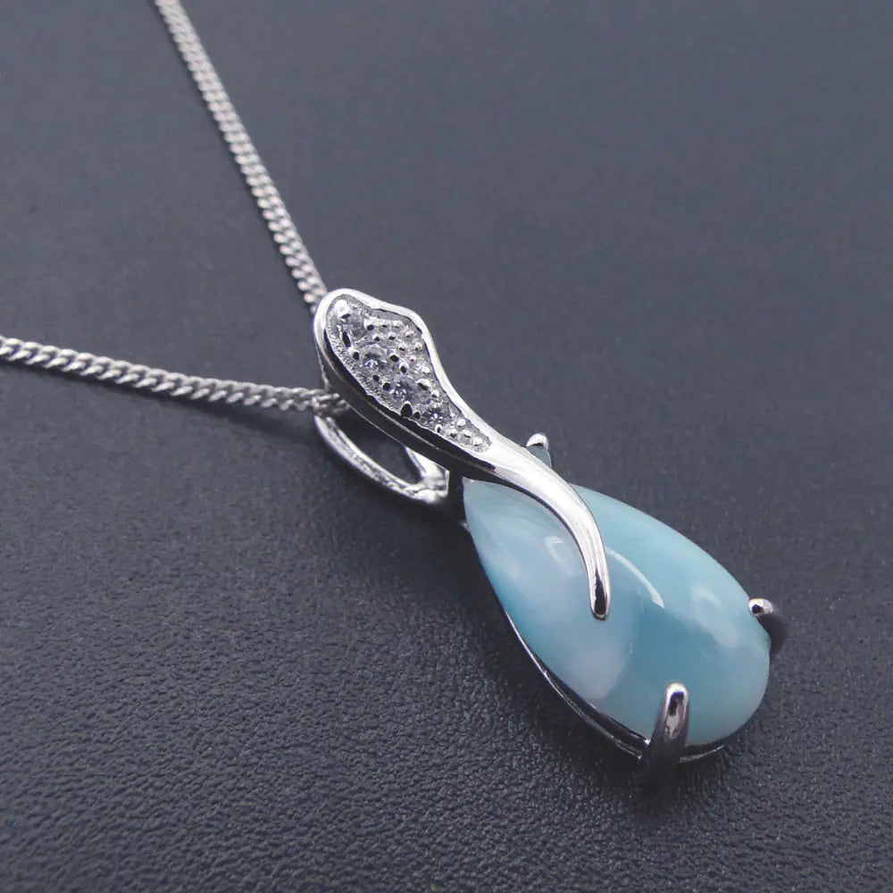 S925 Silver Natural Sea Pattern Stone Pendant Necklace