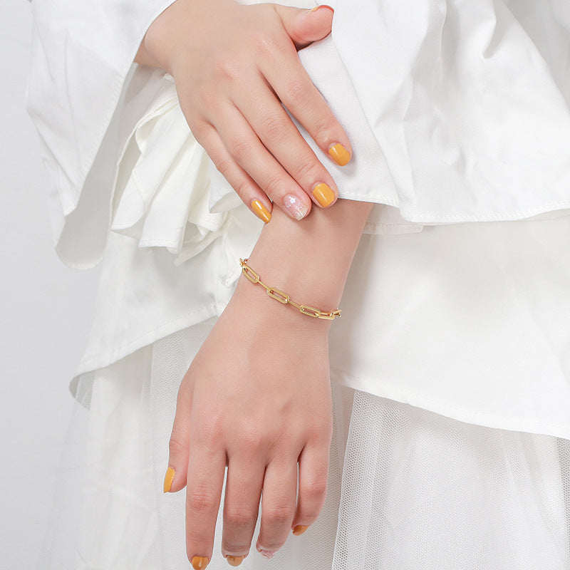 S925 Chain Square Lattice Paper Clip Bracelet Ins Personality 14K Gold-plated Cross Chain