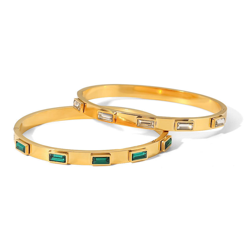 Rectangular Zircon Bracelet – Titanium Steel, Green/White Stones
