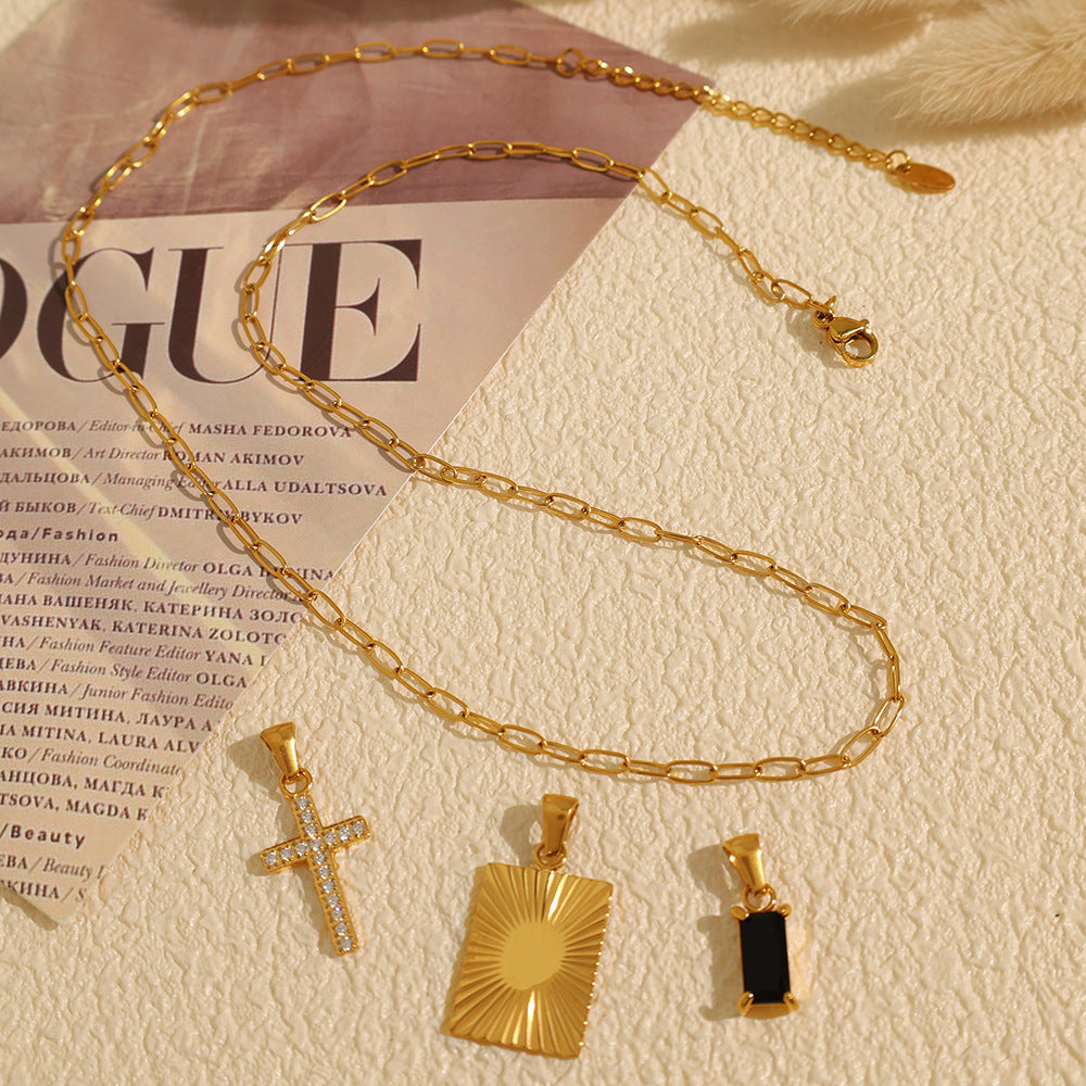 Black Zircon Square Plate Cross Combination Pendant Titanium Steel Necklace