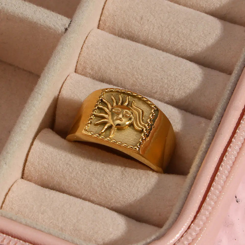 Retro 18K Gold Plated Titanium Steel Sun Ring