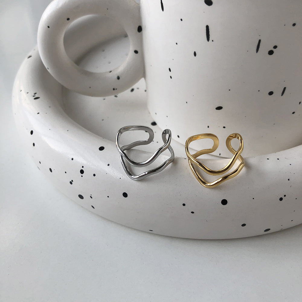 18K Gold-Plated Wave Ring with Geometric Design (Single)