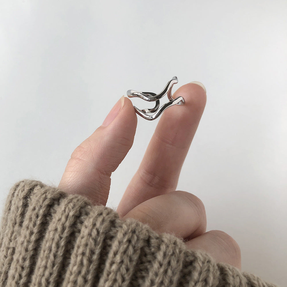 18K Gold-Plated Wave Ring with Geometric Design (Single)