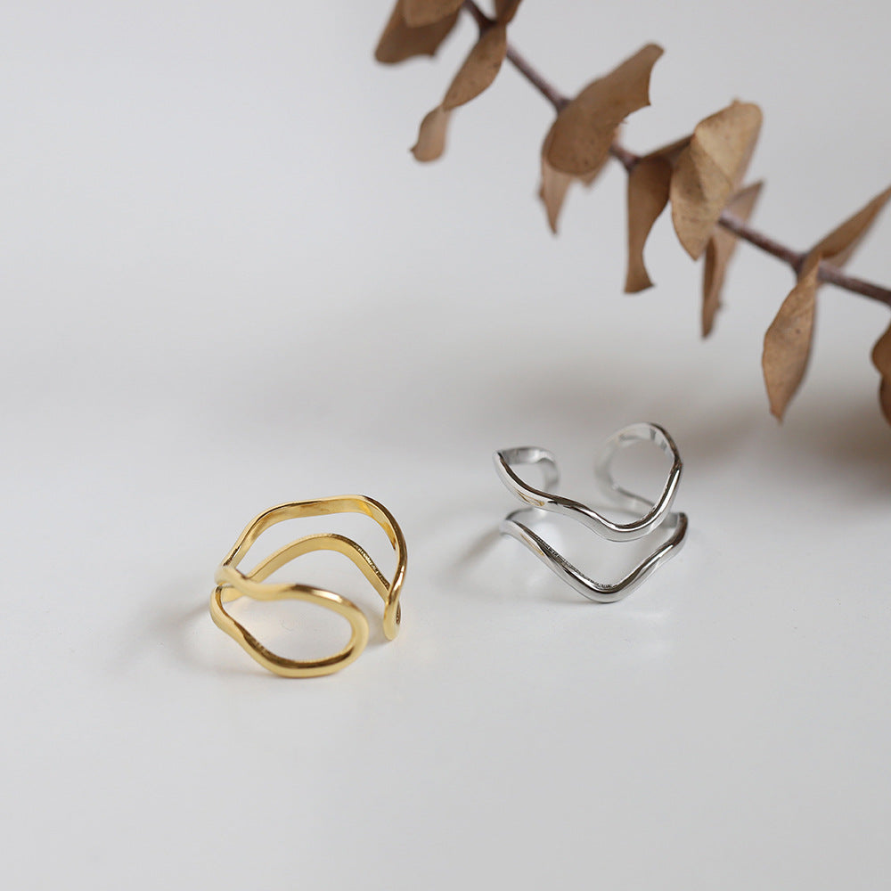 18K Gold-Plated Wave Ring with Geometric Design (Single)