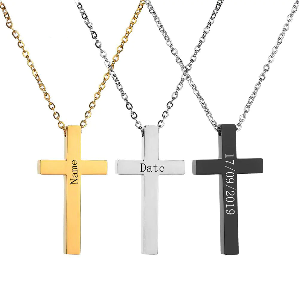 Stainless Steel Cross Necklace with Custom Engraving