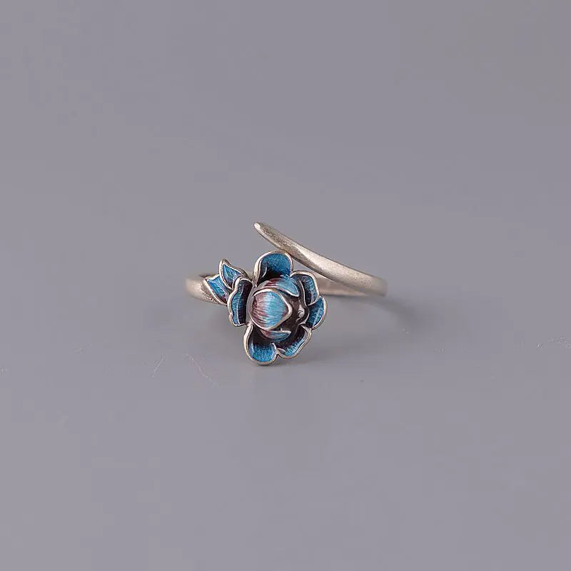 S925 Silver Vintage Blue-Fired Lotus Ring for Women