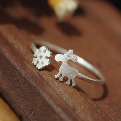 925 Silver Open Ring with Deer and Snowflake Design