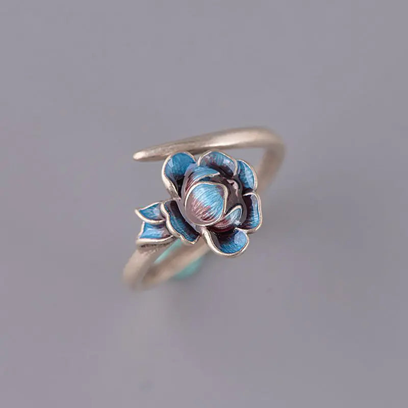 S925 Silver Vintage Blue-Fired Lotus Ring for Women