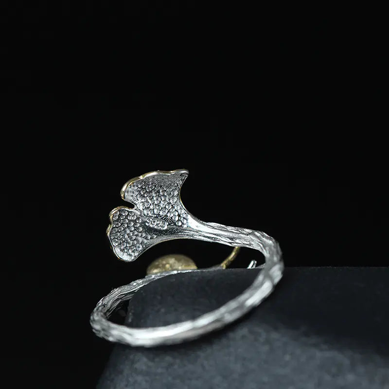 S925 Silver Ginkgo Leaf Ring for Women - Adjustable Design
