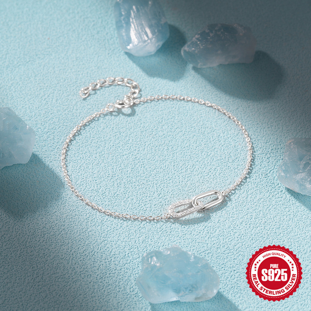 Simple S925 Sterling Silver Cross Double Buckle Zircon Women's Bracelet