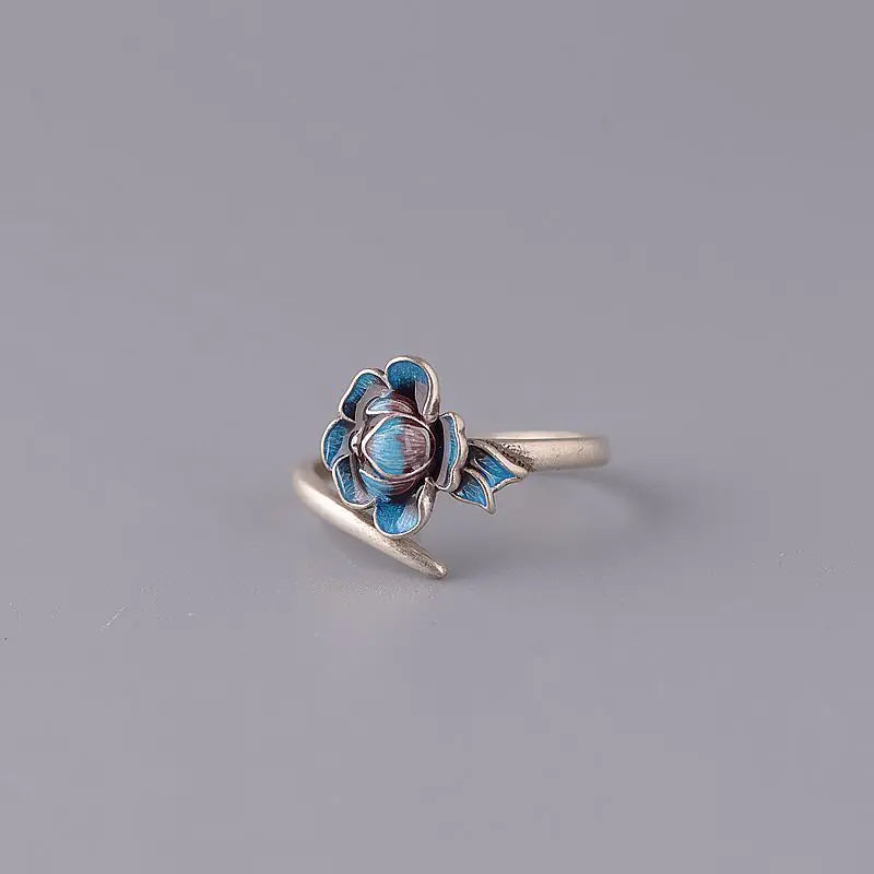 S925 Silver Vintage Blue-Fired Lotus Ring for Women
