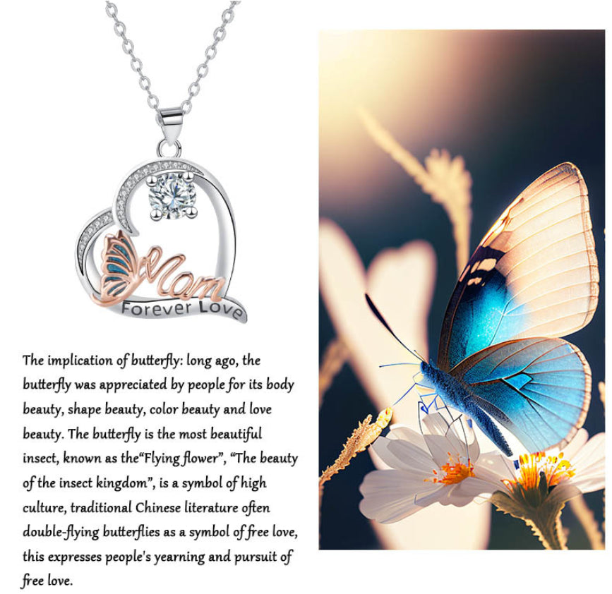Heart Necklace Butterfly Ornament Mother's Necklace