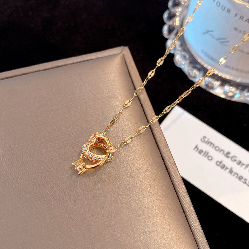 Love Heart Double Ring Necklace – Zircon Pendant, Stainless Steel, Simple Elegant Jewelry