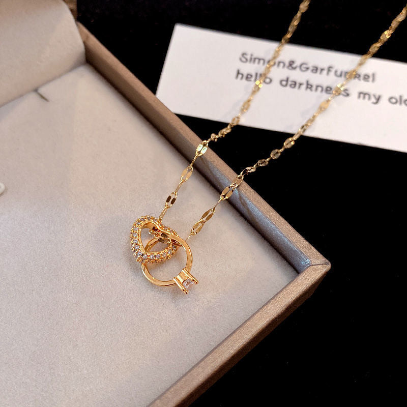 Love Heart Double Ring Necklace – Zircon Pendant, Stainless Steel, Simple Elegant Jewelry