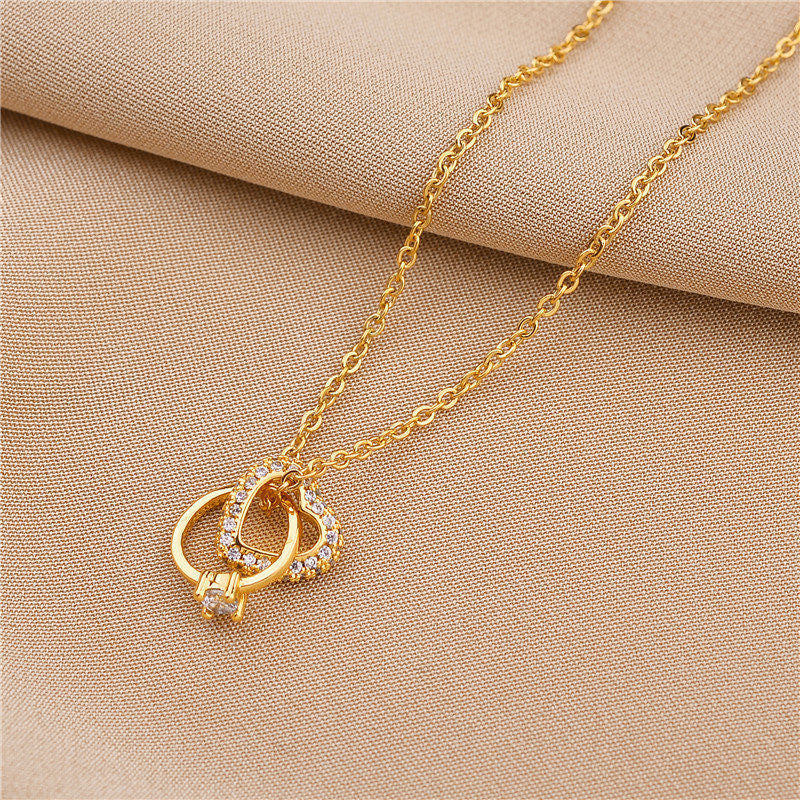 Love Heart Double Ring Necklace – Zircon Pendant, Stainless Steel, Simple Elegant Jewelry