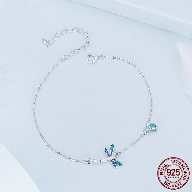 Sterling Silver White Gold Plated Dripping Zircon Dragonfly Bracelet