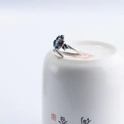 S925 Silver Vintage Blue-Fired Lotus Ring for Women
