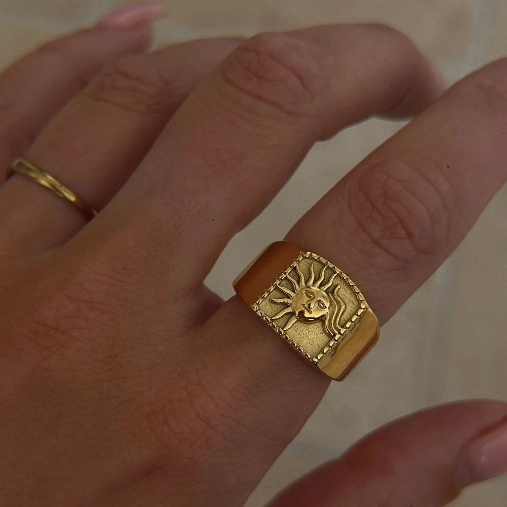 Retro 18K Gold Plated Titanium Steel Sun Ring