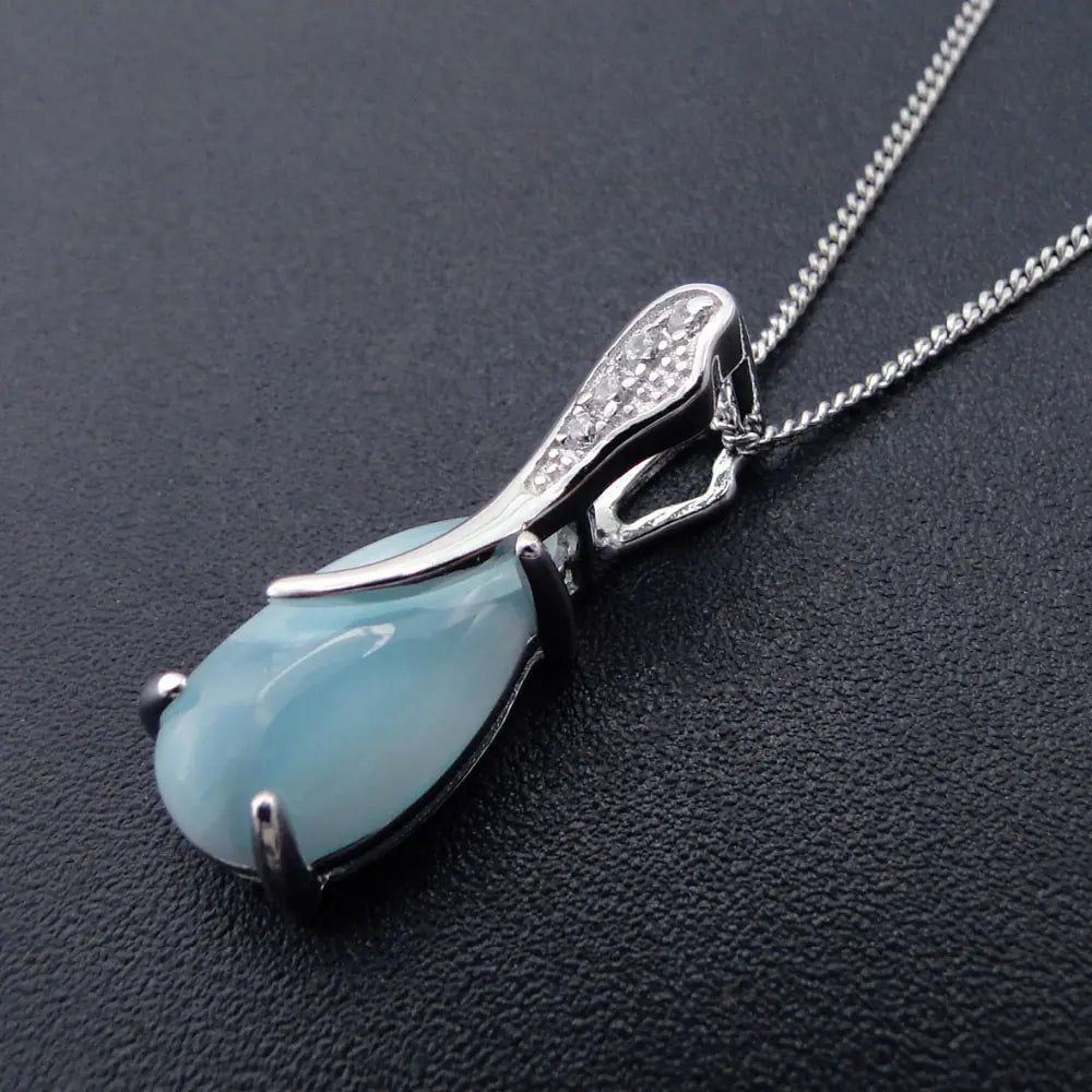 S925 Silver Natural Sea Pattern Stone Pendant Necklace