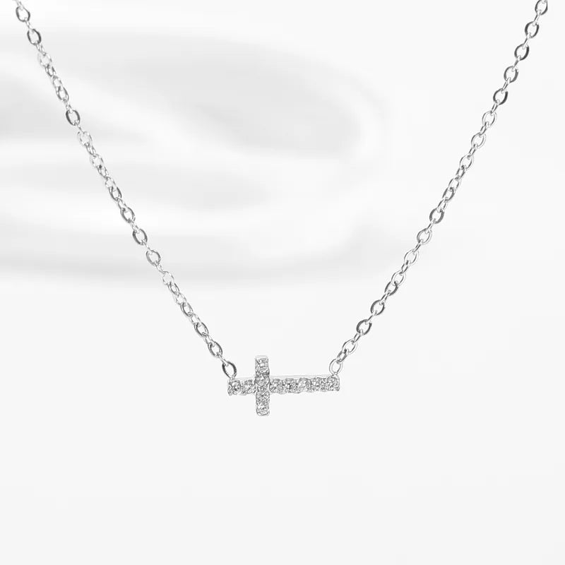 Sideways Cross Necklace – Gold & Silver Cubic Zirconia