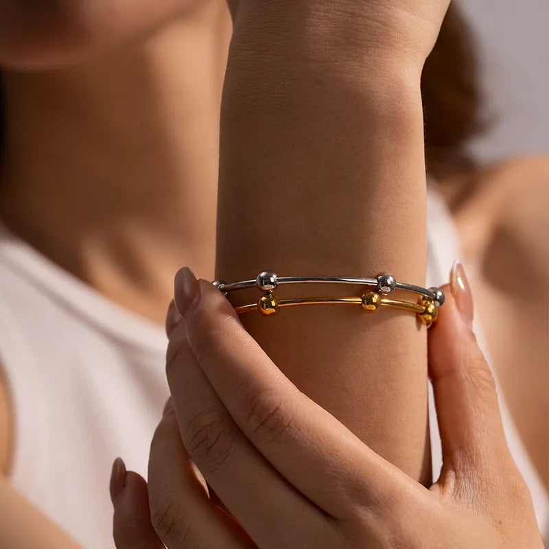 Minimal Ball Detail Open Bangle Bracelet – Gold & Silver Stainless Steel