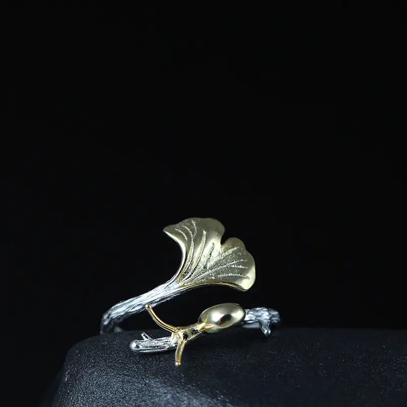 S925 Silver Ginkgo Leaf Ring for Women - Adjustable Design